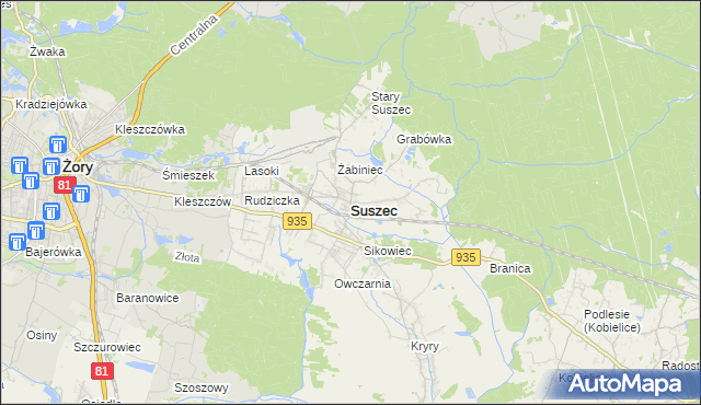 mapa Suszec powiat pszczyński, Suszec powiat pszczyński na mapie Targeo