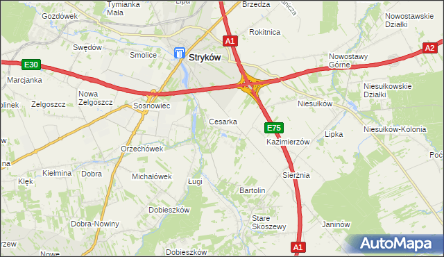 mapa Warszewice gmina Stryków, Warszewice gmina Stryków na mapie Targeo