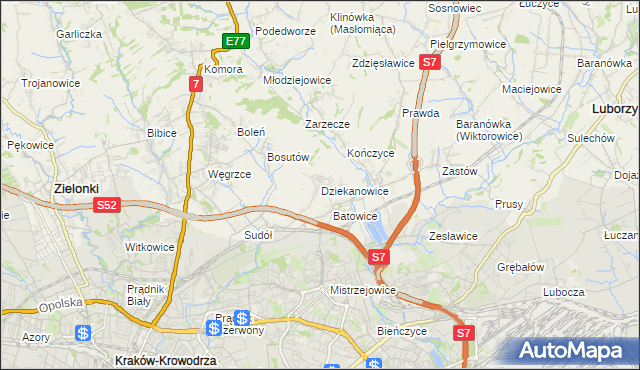 mapa Dziekanowice gmina Zielonki, Dziekanowice gmina Zielonki na mapie Targeo