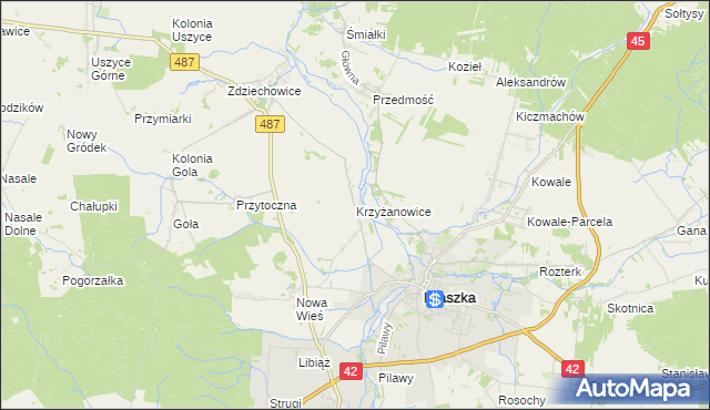 mapa Krzyżanowice gmina Gorzów Śląski, Krzyżanowice gmina Gorzów Śląski na mapie Targeo
