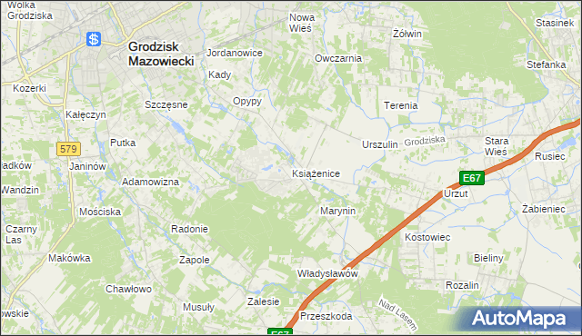 mapa Książenice gmina Grodzisk Mazowiecki, Książenice gmina Grodzisk Mazowiecki na mapie Targeo