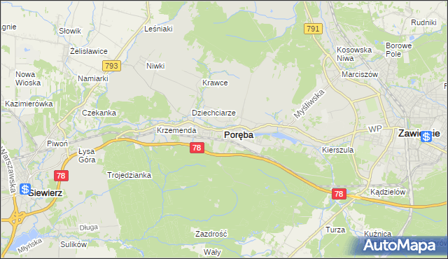 mapa Poręba powiat zawierciański, Poręba powiat zawierciański na mapie Targeo