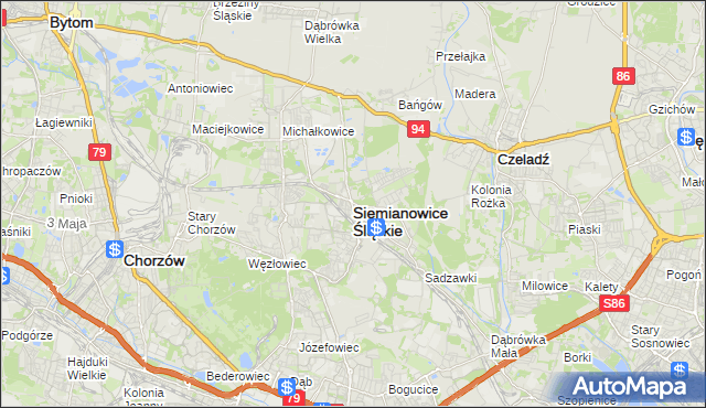 mapa Siemianowice Śląskie, Siemianowice Śląskie na mapie Targeo