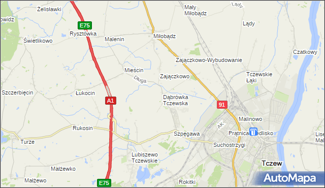 mapa Dąbrówka Tczewska, Dąbrówka Tczewska na mapie Targeo