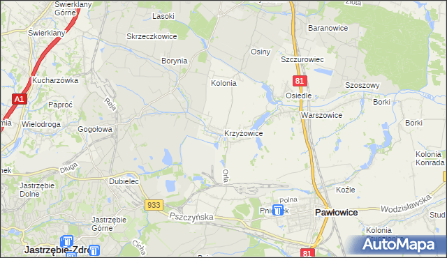 mapa Krzyżowice gmina Pawłowice, Krzyżowice gmina Pawłowice na mapie Targeo
