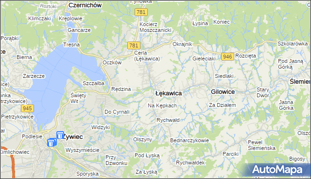 mapa Łękawica powiat żywiecki, Łękawica powiat żywiecki na mapie Targeo