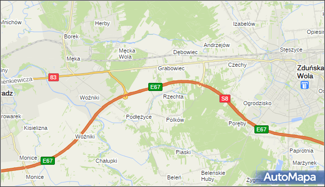 mapa Rzechta gmina Sieradz, Rzechta gmina Sieradz na mapie Targeo