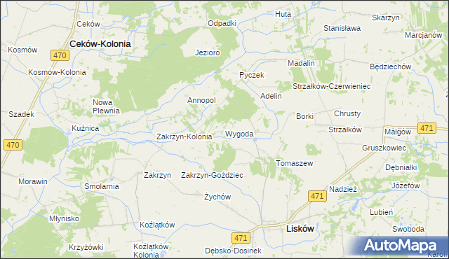 mapa Wygoda gmina Lisków, Wygoda gmina Lisków na mapie Targeo