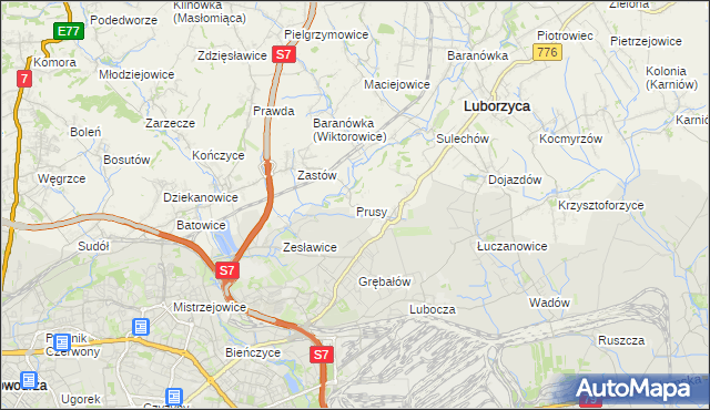 mapa Prusy gmina Kocmyrzów-Luborzyca, Prusy gmina Kocmyrzów-Luborzyca na mapie Targeo