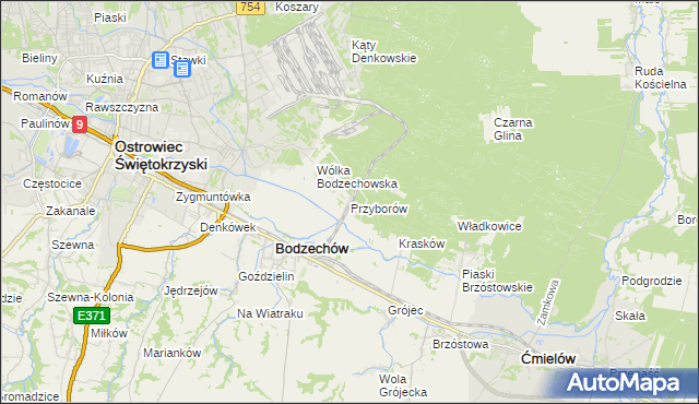 mapa Przyborów gmina Bodzechów, Przyborów gmina Bodzechów na mapie Targeo