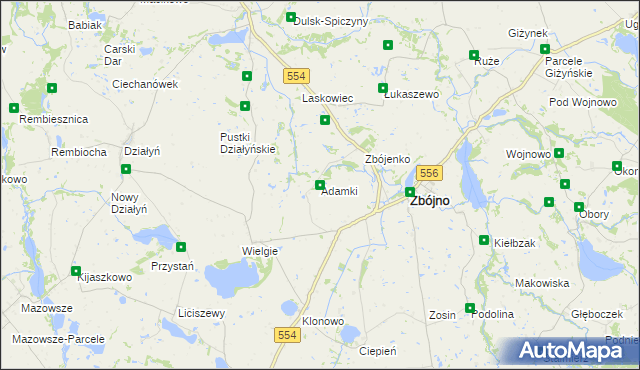 mapa Adamki gmina Zbójno, Adamki gmina Zbójno na mapie Targeo