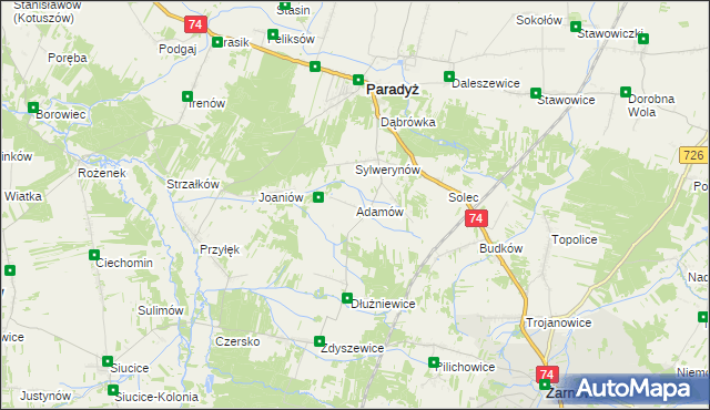 mapa Adamów gmina Paradyż, Adamów gmina Paradyż na mapie Targeo