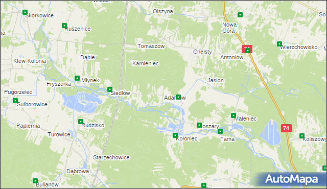 mapa Adamów gmina Żarnów, Adamów gmina Żarnów na mapie Targeo