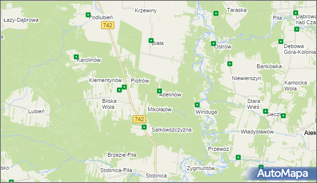 mapa Adelinów gmina Sulejów, Adelinów gmina Sulejów na mapie Targeo