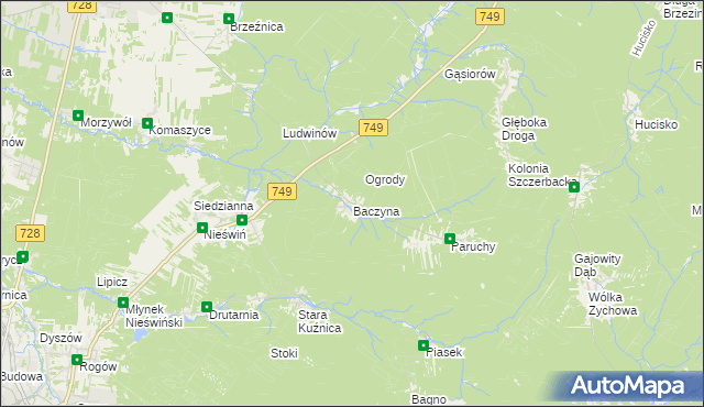 mapa Baczyna gmina Końskie, Baczyna gmina Końskie na mapie Targeo