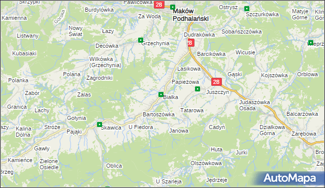 mapa Białka gmina Maków Podhalański, Białka gmina Maków Podhalański na mapie Targeo