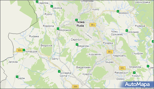 mapa Bieganów gmina Nowa Ruda, Bieganów gmina Nowa Ruda na mapie Targeo