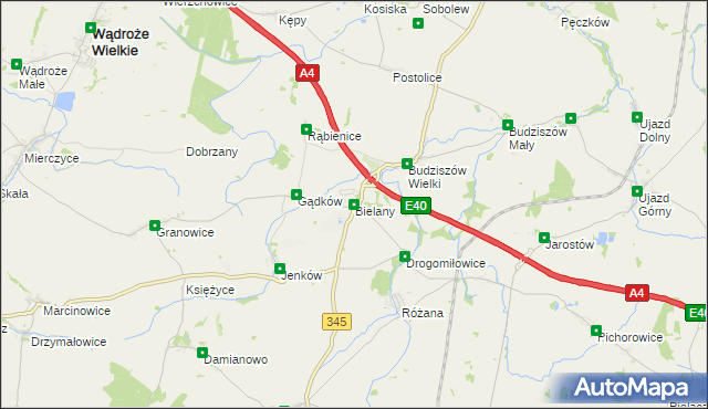 mapa Bielany gmina Wądroże Wielkie, Bielany gmina Wądroże Wielkie na mapie Targeo