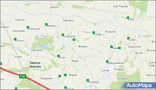 mapa Bielawy gmina Świnice Warckie, Bielawy gmina Świnice Warckie na mapie Targeo