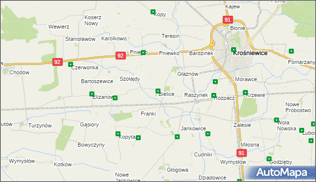 mapa Bielice gmina Krośniewice, Bielice gmina Krośniewice na mapie Targeo