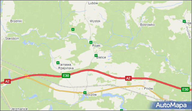 mapa Bielice gmina Torzym, Bielice gmina Torzym na mapie Targeo