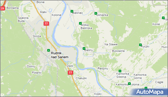 mapa Bieliny gmina Ulanów, Bieliny gmina Ulanów na mapie Targeo