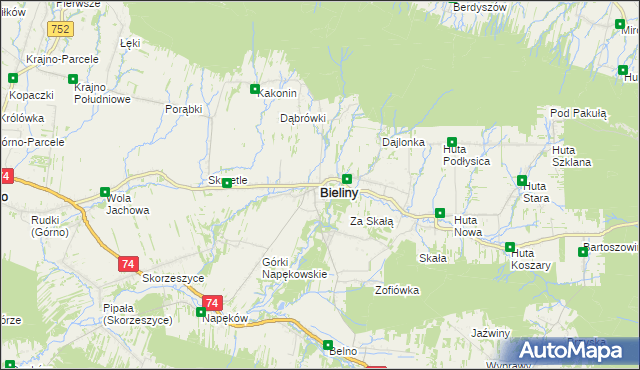 mapa Bieliny powiat kielecki, Bieliny powiat kielecki na mapie Targeo