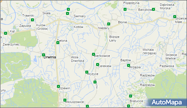 mapa Bieńkowice gmina Drwinia, Bieńkowice gmina Drwinia na mapie Targeo