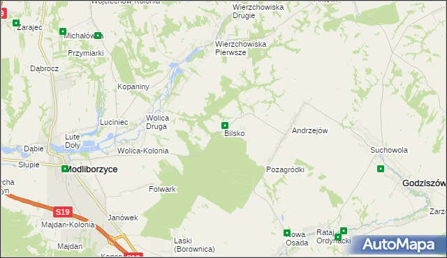 mapa Bilsko gmina Modliborzyce, Bilsko gmina Modliborzyce na mapie Targeo