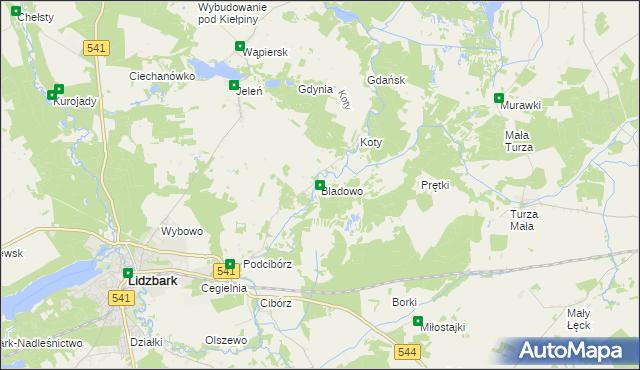 mapa Bladowo gmina Lidzbark, Bladowo gmina Lidzbark na mapie Targeo