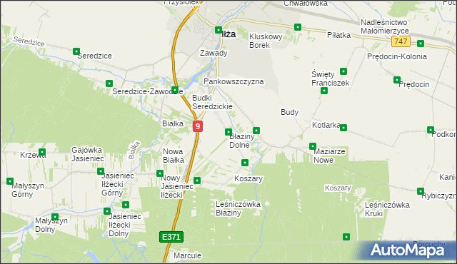 mapa Błaziny Dolne, Błaziny Dolne na mapie Targeo