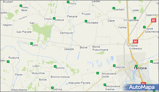 mapa Błonie gmina Łęczyca, Błonie gmina Łęczyca na mapie Targeo