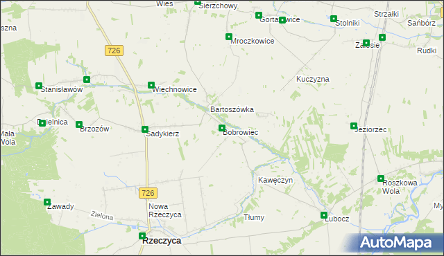 mapa Bobrowiec gmina Rzeczyca, Bobrowiec gmina Rzeczyca na mapie Targeo