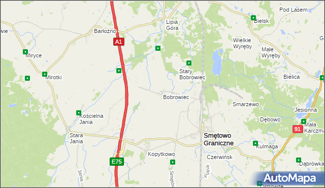 mapa Bobrowiec gmina Smętowo Graniczne, Bobrowiec gmina Smętowo Graniczne na mapie Targeo