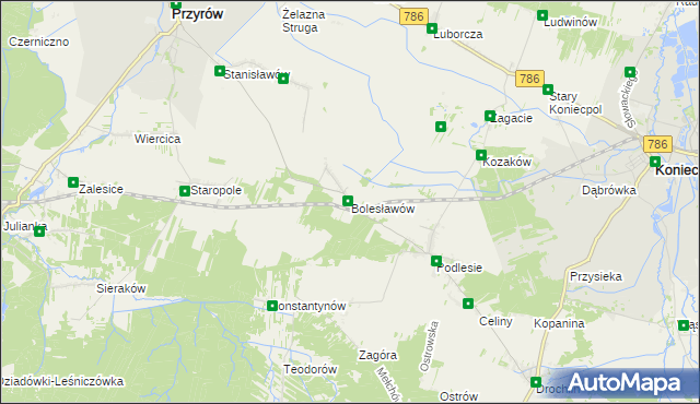 mapa Bolesławów gmina Przyrów, Bolesławów gmina Przyrów na mapie Targeo