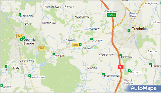 mapa Borkowice gmina Oborniki Śląskie, Borkowice gmina Oborniki Śląskie na mapie Targeo