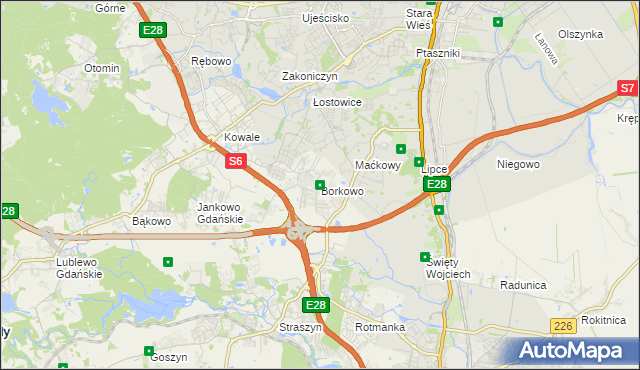 mapa Borkowo gmina Pruszcz Gdański, Borkowo gmina Pruszcz Gdański na mapie Targeo