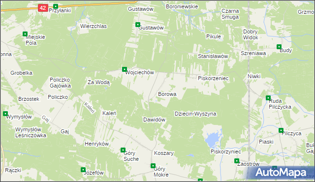 mapa Borowa gmina Przedbórz, Borowa gmina Przedbórz na mapie Targeo