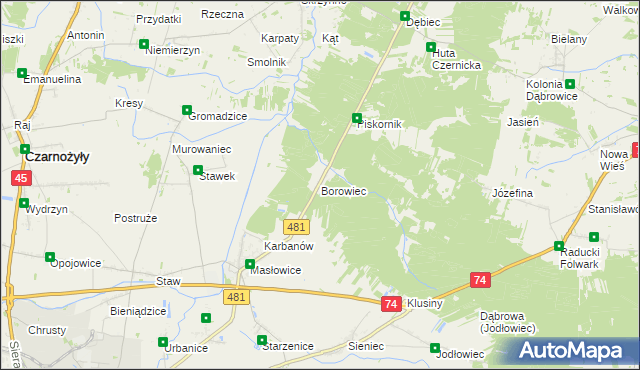 mapa Borowiec gmina Wieluń, Borowiec gmina Wieluń na mapie Targeo