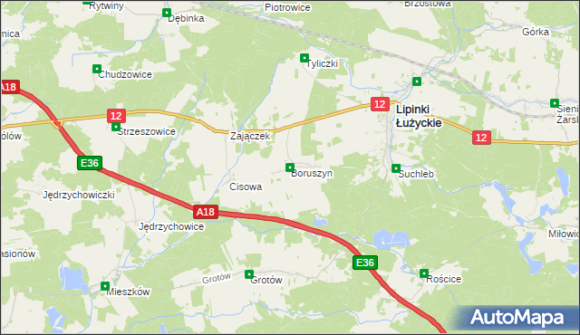 mapa Boruszyn gmina Lipinki Łużyckie, Boruszyn gmina Lipinki Łużyckie na mapie Targeo