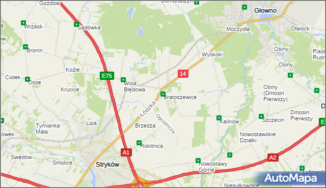 mapa Bratoszewice, Bratoszewice na mapie Targeo