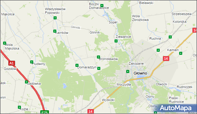 mapa Bronisławów gmina Głowno, Bronisławów gmina Głowno na mapie Targeo