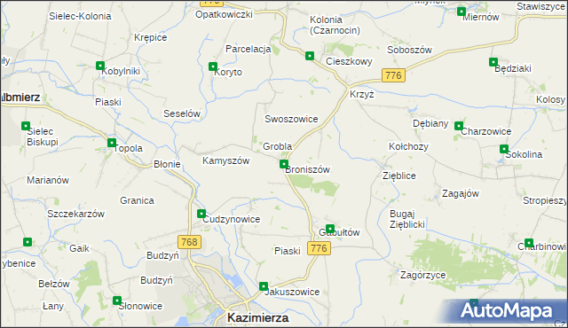 mapa Broniszów gmina Kazimierza Wielka, Broniszów gmina Kazimierza Wielka na mapie Targeo