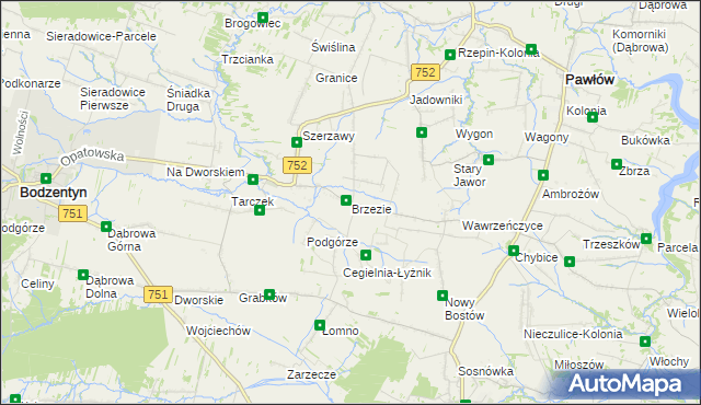 mapa Brzezie gmina Pawłów, Brzezie gmina Pawłów na mapie Targeo