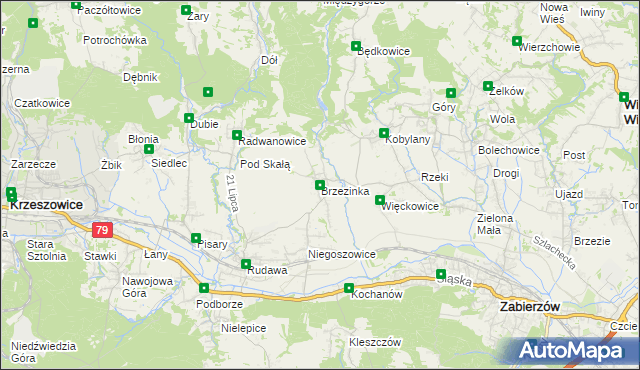 mapa Brzezinka gmina Zabierzów, Brzezinka gmina Zabierzów na mapie Targeo