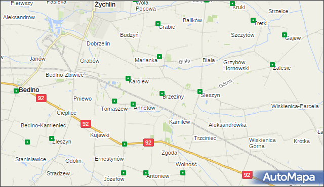 mapa Brzeziny gmina Żychlin, Brzeziny gmina Żychlin na mapie Targeo