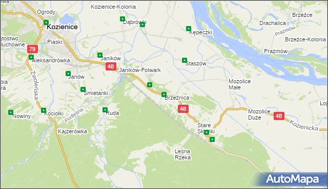 mapa Brzeźnica gmina Kozienice, Brzeźnica gmina Kozienice na mapie Targeo