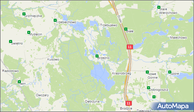 mapa Brzeźno gmina Szczecinek, Brzeźno gmina Szczecinek na mapie Targeo