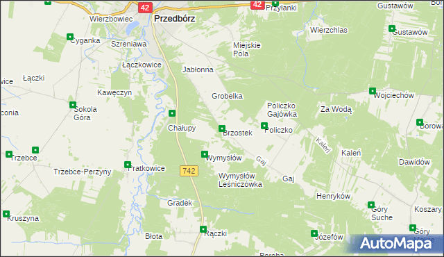 mapa Brzostek gmina Przedbórz, Brzostek gmina Przedbórz na mapie Targeo