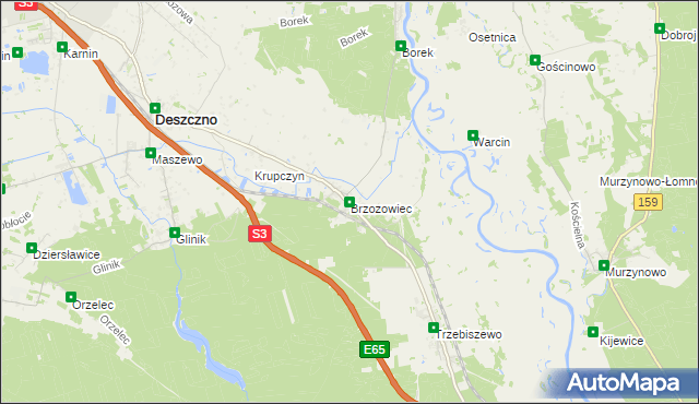 mapa Brzozowiec gmina Deszczno, Brzozowiec gmina Deszczno na mapie Targeo